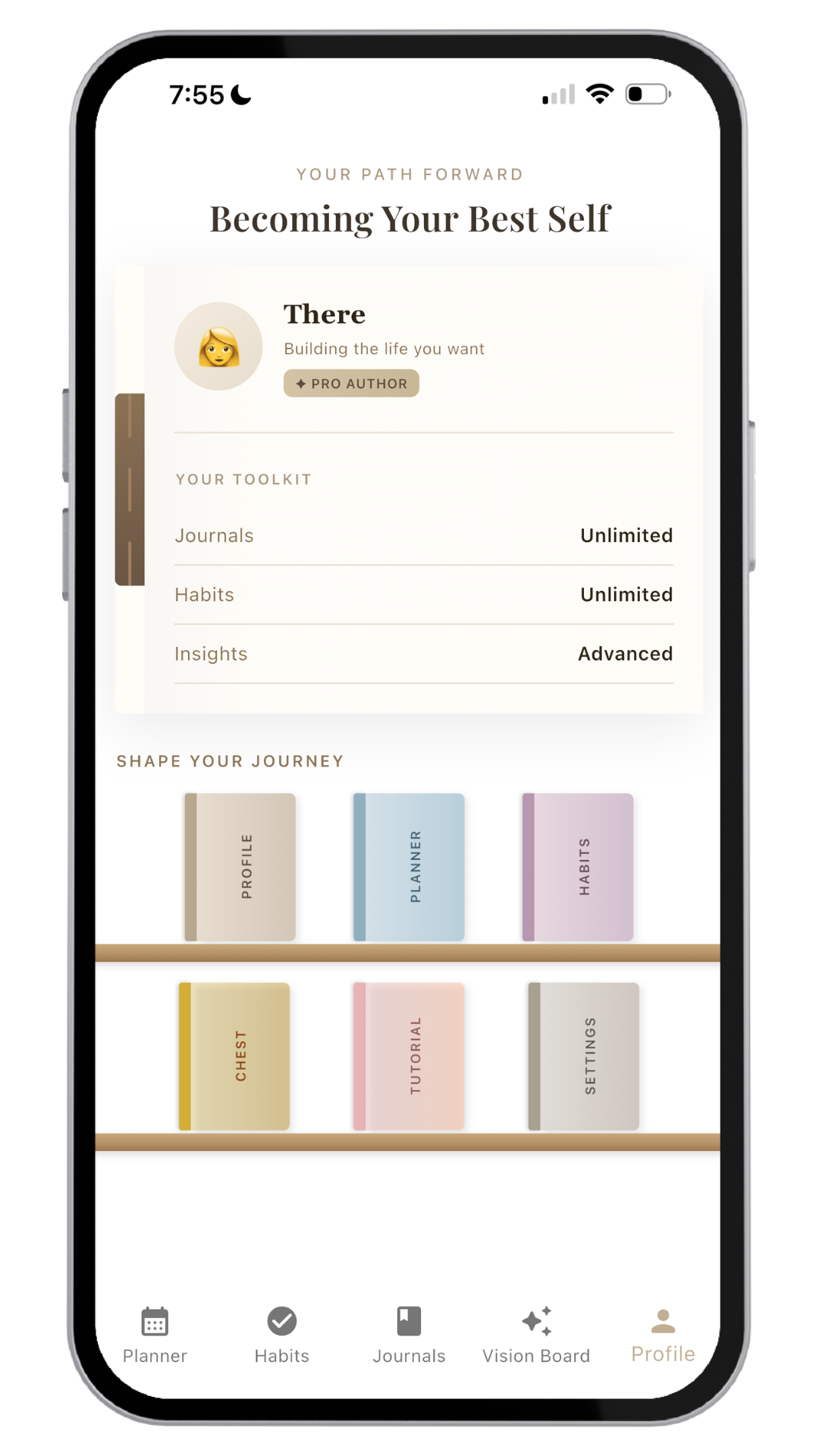 Mobile app screen showing a personal development app titled 'Becoming Your Best Self' with sections for journals, habits, and insights, and options to shape the journey with profile, planner, habits, chest, tutorial, and settings buttons at the bottom.