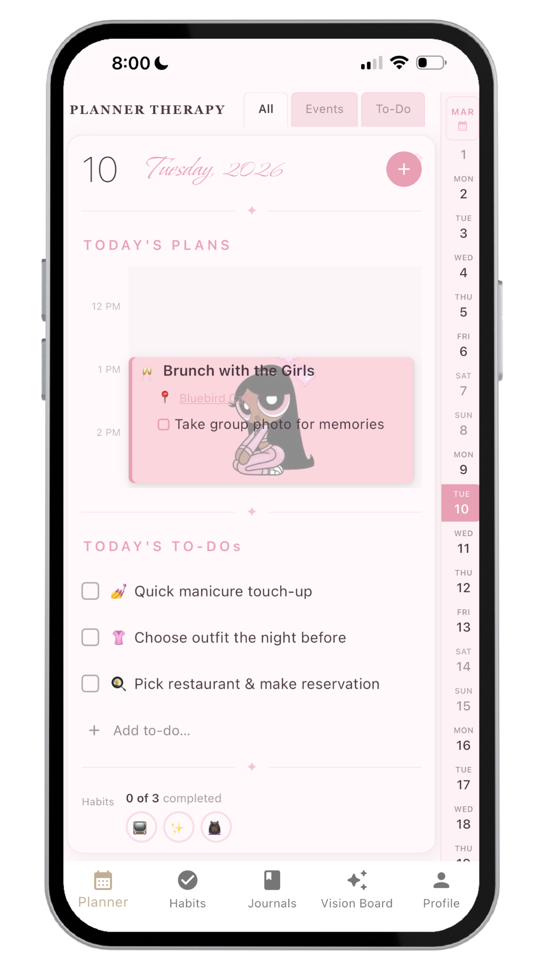 Mobile phone screen showing a planner app with planned activities for Tuesday, March 10, 2026, including a brunch with friends and a to-do list.