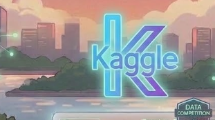 Digital logo for Kaggle with the title 'Kaggle' and 'Data Competition' in the background, over a city skyline with a water body.