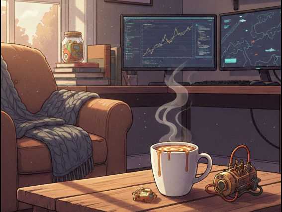 A cozy workspace with a steaming cup of coffee on a wooden desk, dual monitors displaying financial data and maps, a bookshelf with books and a jar of cookies, and a comfortable armchair with a blanket.