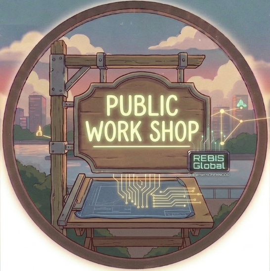 Illustration of a wooden sign that reads 'Public Work Shop' with a digital circuit diagram below it, set against a cityscape background with water and mountains.