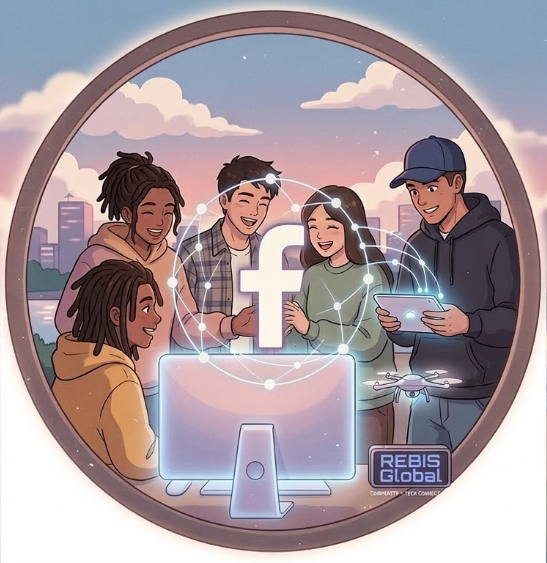 Group of five diverse young people smiling and interacting around a computer and tablet, with Facebook logo and digital graphics, outdoors during sunset.