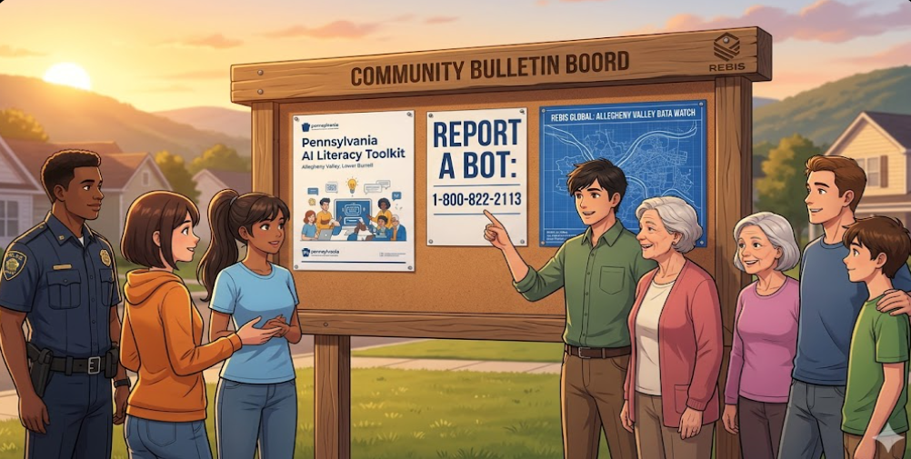 image depicts a community billboard showing the new pa AI literacy toolkit and report a bot hotline number