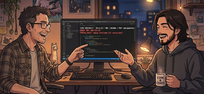 Two men are sitting in front of a computer at night, smiling and pointing at each other. The computer screen displays code and an error message. The room has warm lighting, a window showing a cityscape, and various decorations including posters and a mug that says 'CODE & CHAOS'.