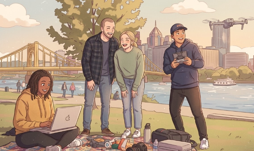 Four friends enjoying a day outdoors near a river with a city skyline and bridge in the background, one using a drone, another with a laptop, and the others smiling and laughing.
