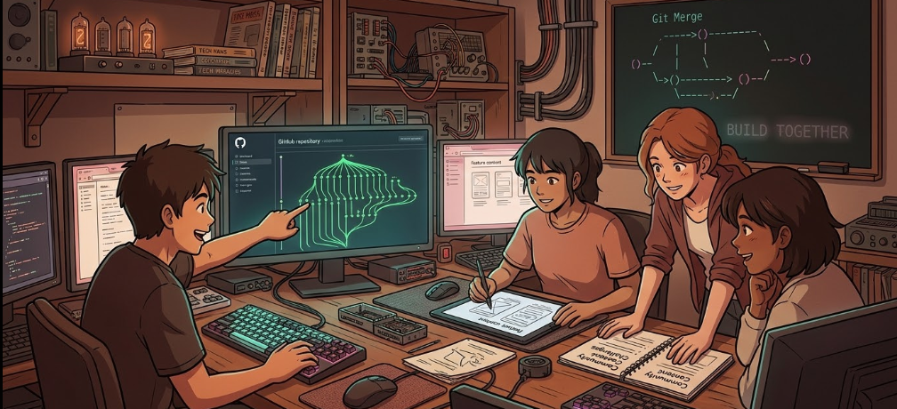 Four young people collaborate in a tech workspace, with multiple computer screens displaying coding and GitHub graphics, notebooks, and electronic components on the desk.