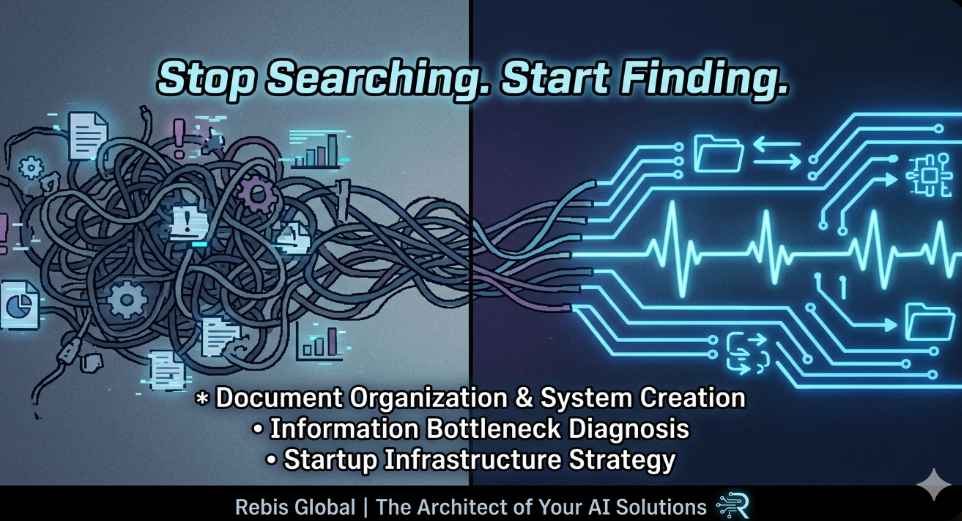 A digital illustration divided into two halves; the left shows a tangled mess of wires with document and gear icons, and the right shows a clean digital circuit with folder icons and an electronic heartbeat line, with the text 'Stop Searching. Start Finding.' and additional bullet points about document organization, system creation, diagnosing bottlenecks, and startup strategy.