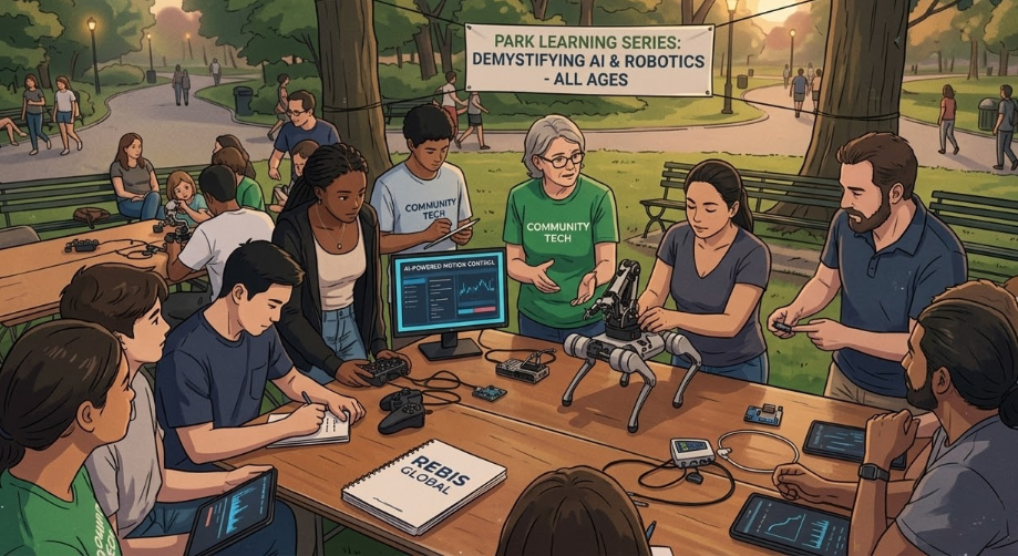 A park learning session on AI and robotics for all ages, with diverse people, including a teacher, students, and a drone, in a outdoor park setting.