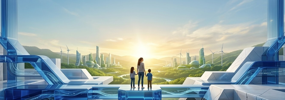 image depicting a woman and two children standing at the edge of tomorrow- a post utopia of business intent and legislation guidance