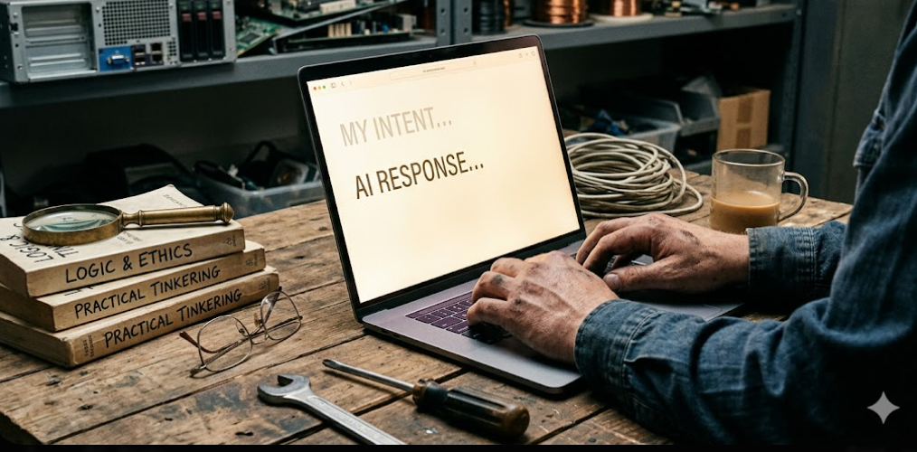 worn hands typing on a laptop that is sitting on a workbench