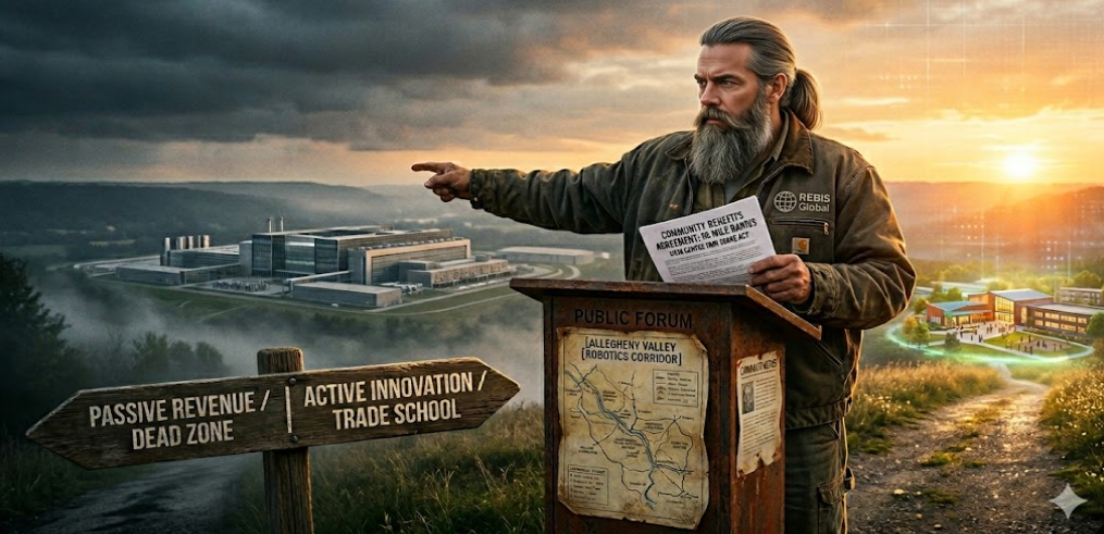 A gentleman standing ona hillside pointing to a crossroads of desolation or innovation hholding a paper containing a local legislation bill