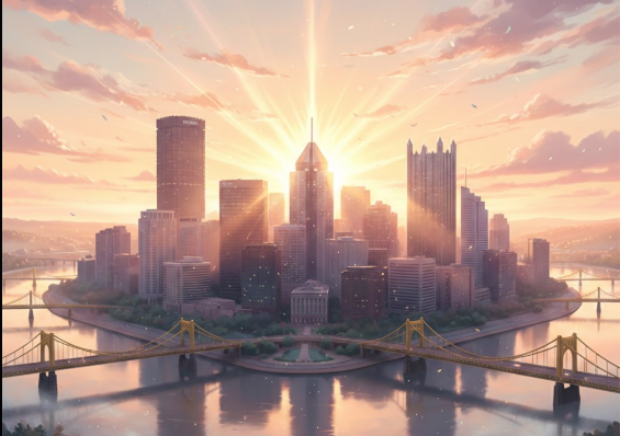 Sunrise behind the skyline of a city with tall skyscrapers and a bridge over water.