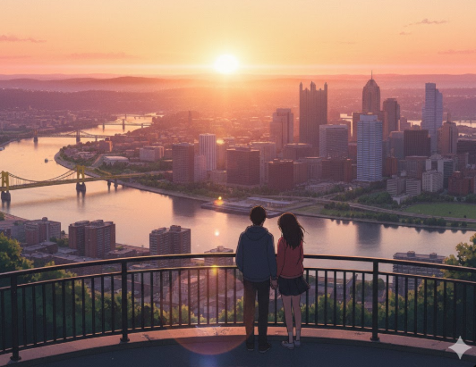 A couple standing on a viewing platform overlooking a city skyline at sunset, with a river and bridges in the foreground.