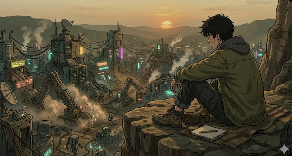 Image of a gentleman looking over a valley being strip-mined