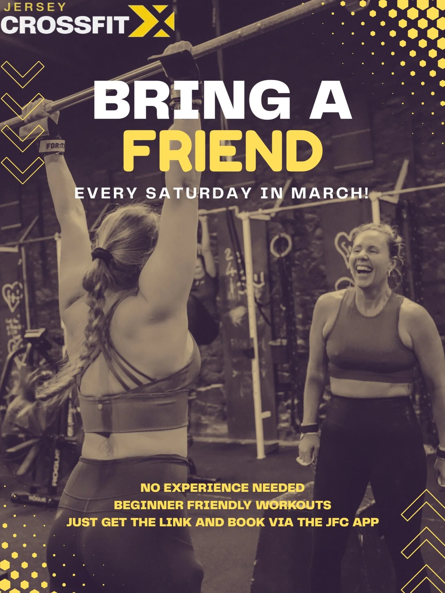 Bring a Friend Saturdays - MARCH 👯&zwj;♀️

Every Saturday in March, our members can bring a friend for FREE to try a CrossFit class.

✔️ No experience needed 
✔️ Beginner friendly workouts 
✔️ Just get the link and book via the JFC app 

If your fri