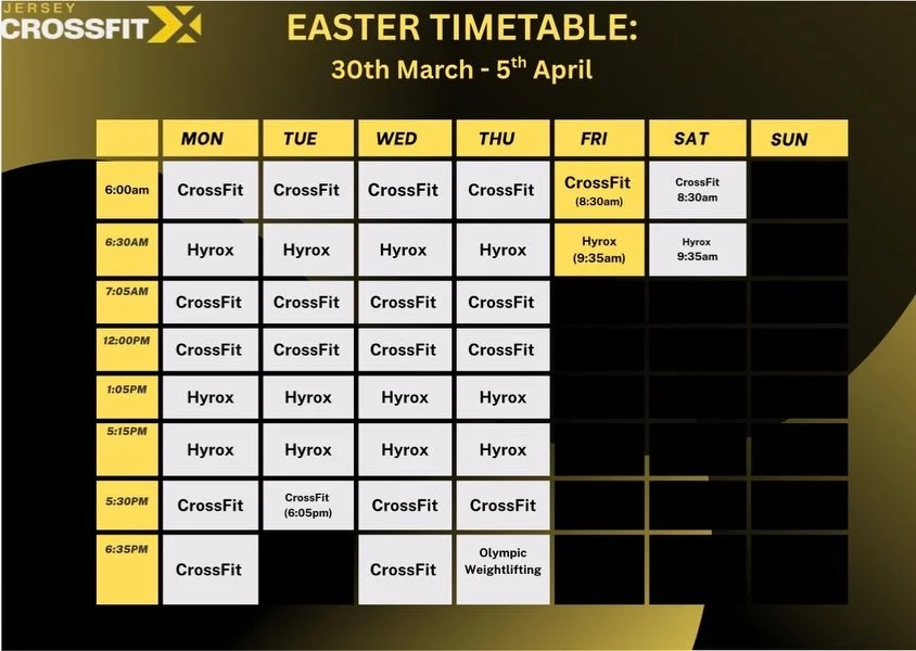JERSEY CROSSFIT EASTER TIMETABLE 🐣 

Get your Easter workouts booked in 💪🏻

#jerseycrossfit