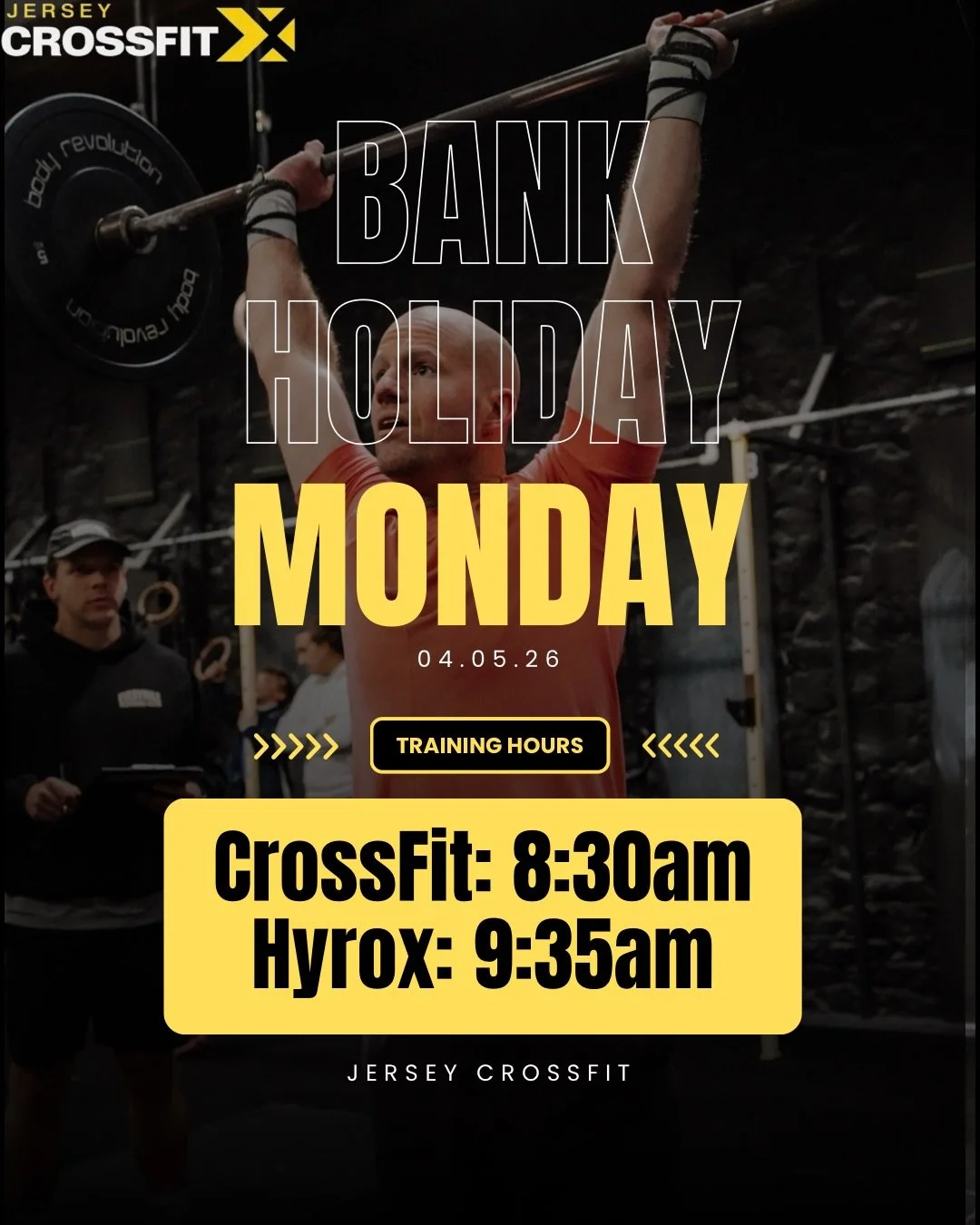 Bank Holiday Monday, we&rsquo;re on! 🔥

This Monday coming up:
CROSSFIT: 8:30 - 9:30am 💪
HYROX: 9:35 - 10:20am 🏃&zwj;♂️

Two chances to get a solid session in 💥
Start your day right and bring the energy 👀

#crossfit #hyrox #jerseycrossfit #bankh
