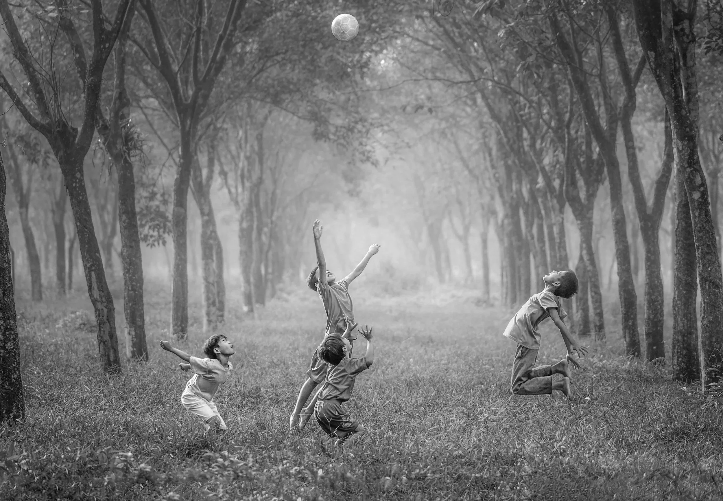 Five children playing and jumping on a grassy field in a forest with tall trees, black and white photo.