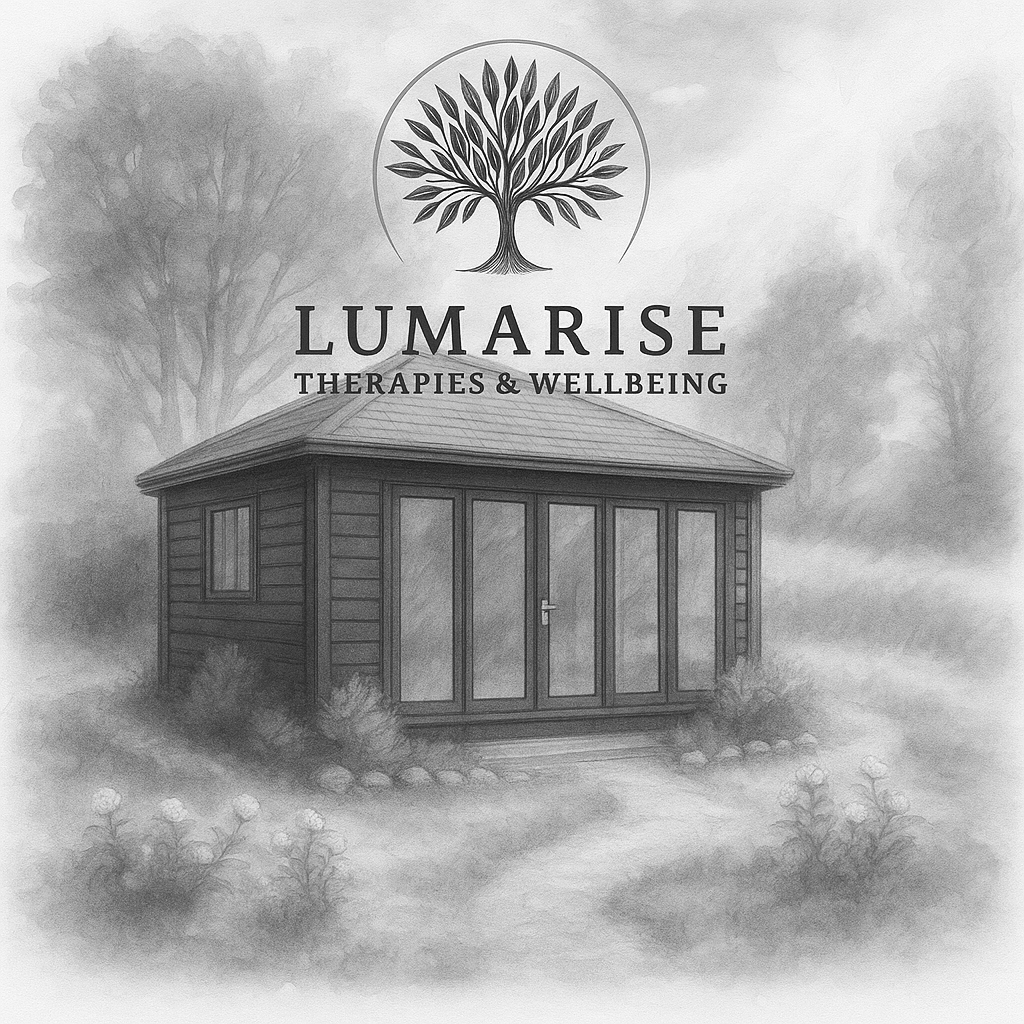 A grayscale illustration of a small wooden therapy cabin with a glass door, surrounded by trees and bushes, with the logo for Lumarise Therapies & Wellbeing featuring a tree above the name.