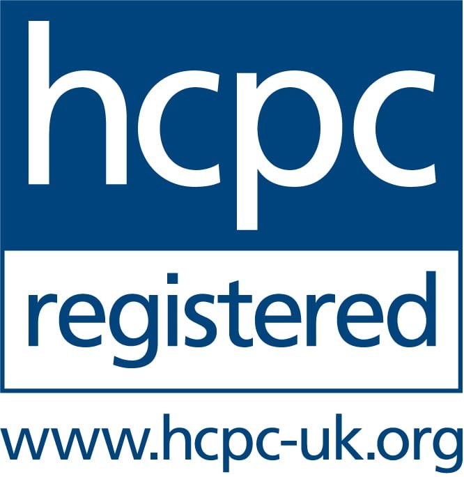 A badge with the text 'hcpc registered' and a website address 'www.hcpc-uk.org' in blue and white colors.