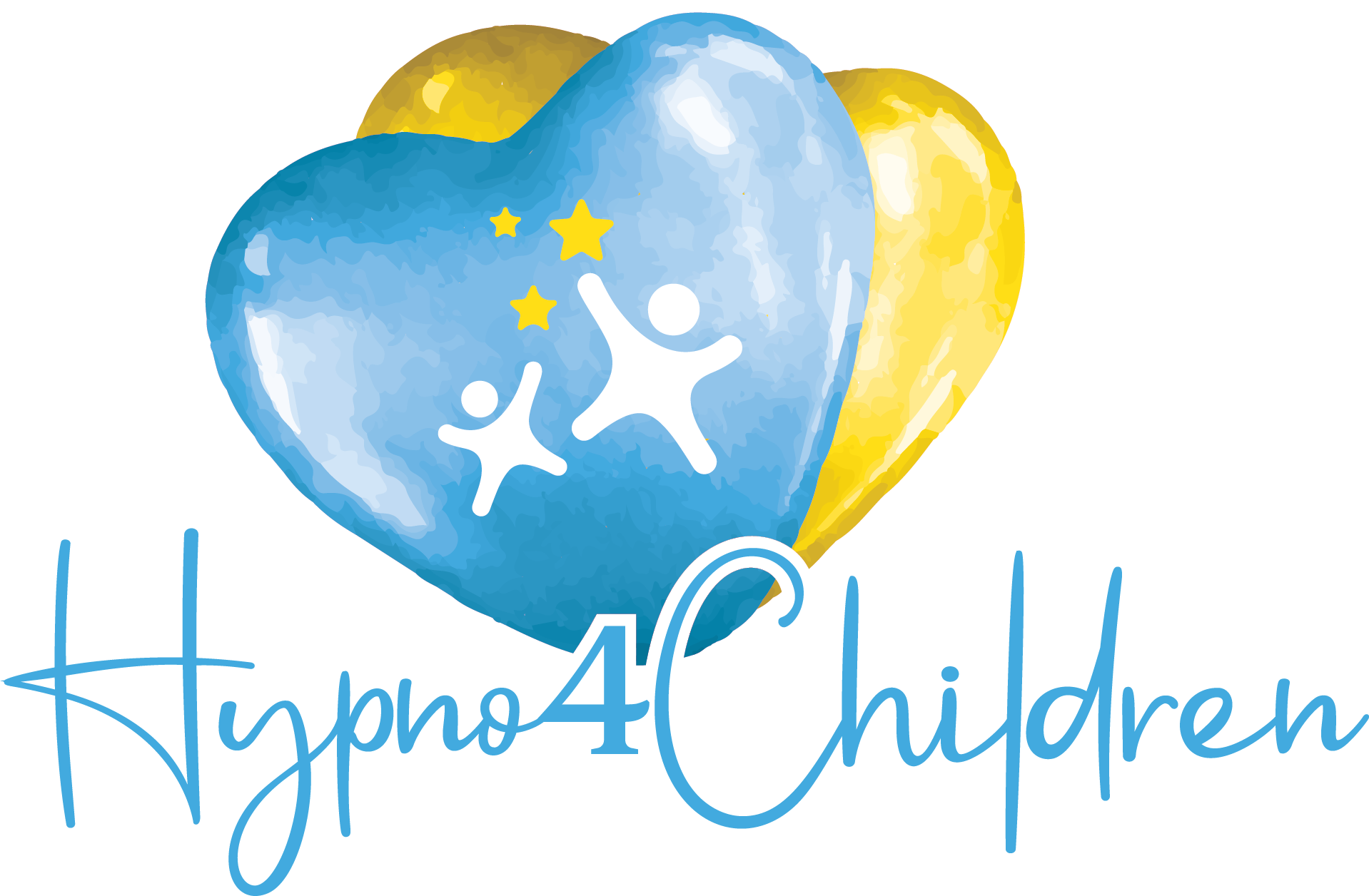 Illustration of two large balloons, one blue with a white figure and yellow stars, and one yellow, floating over a city skyline with a cloudy sky in the background.