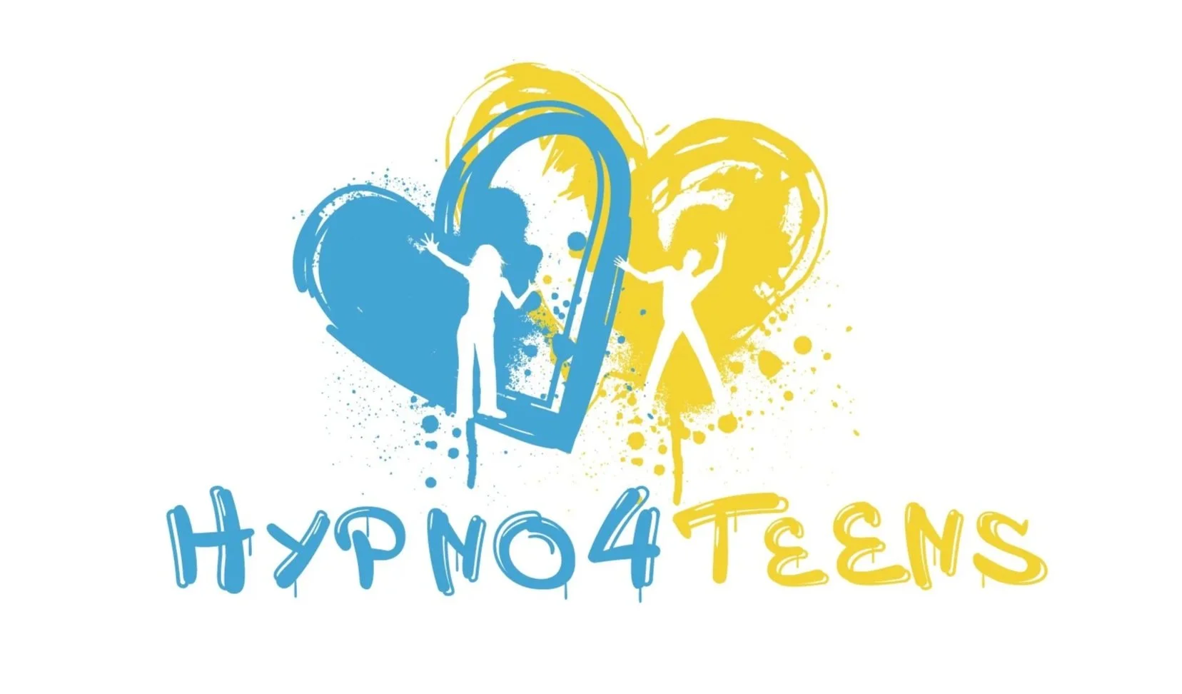 A colorful graphic with a blue and yellow heart, a mirror, and silhouettes of a person looking into the mirror and reaching out. The words "HYPNO4TEENS" are written below in blue and yellow text.