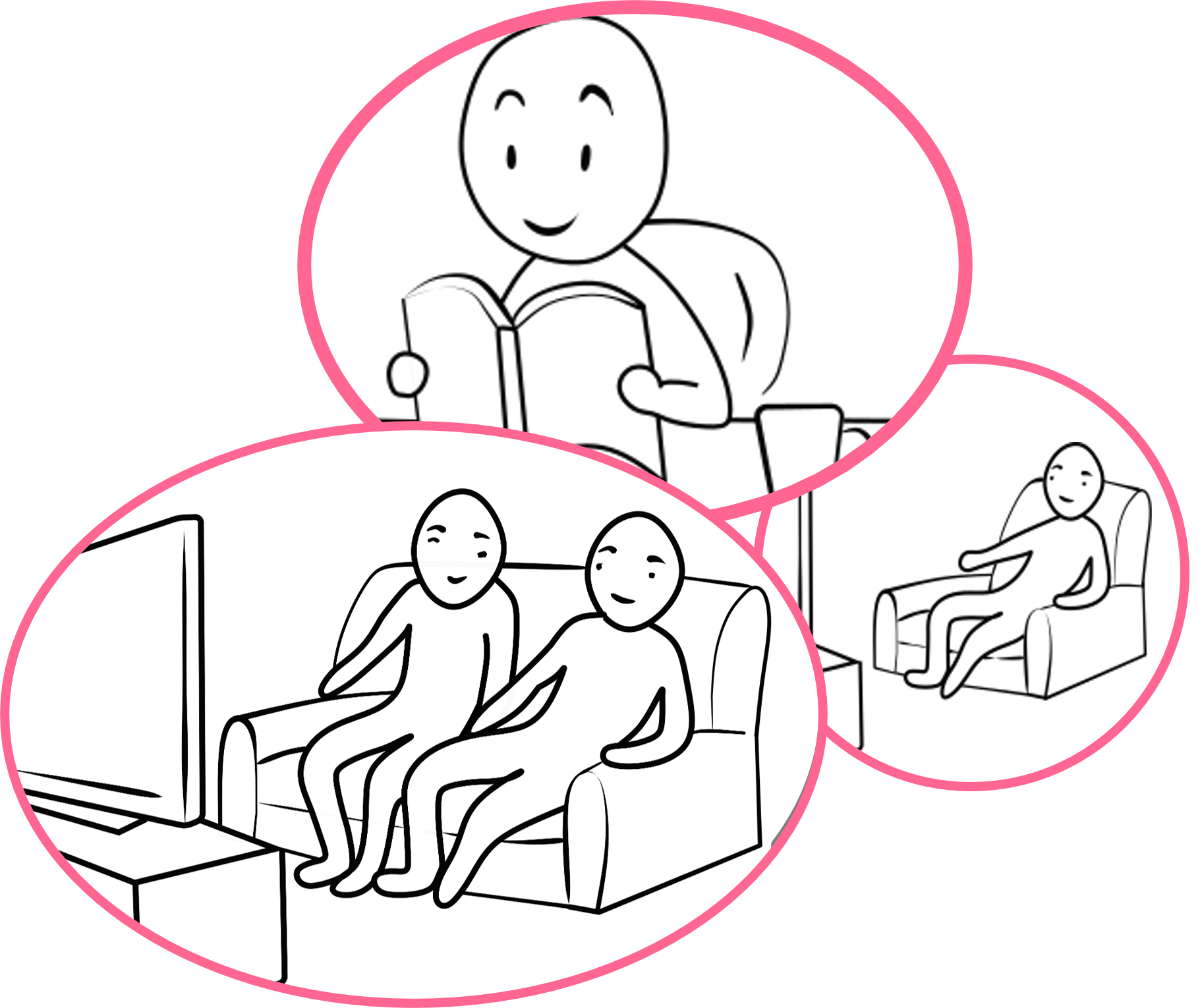 3 simplified drawings of someone in the living room, one alone reading, one alone watching TV and one with a partner. Endpoint: Social engagement.