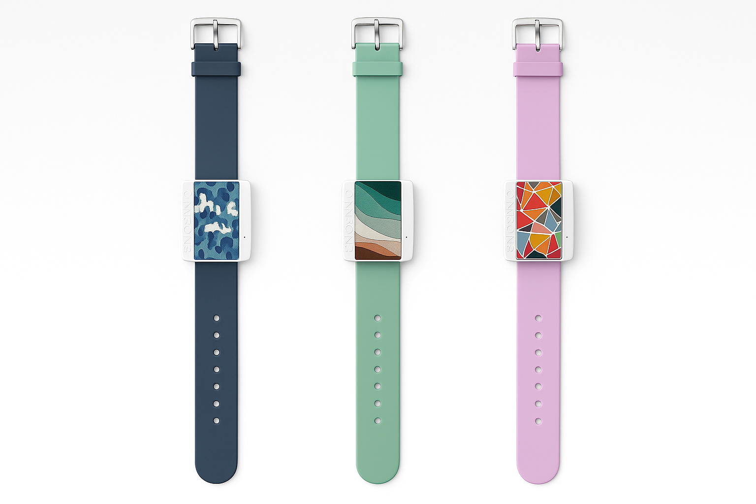 Three bracelets with colorful straps and patterned screens showing personalisation of the bracelet.