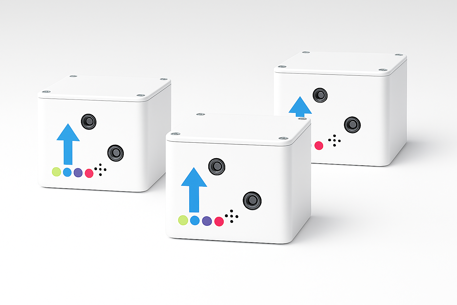 Three white beacon boxes, illustrate orientation of box.
