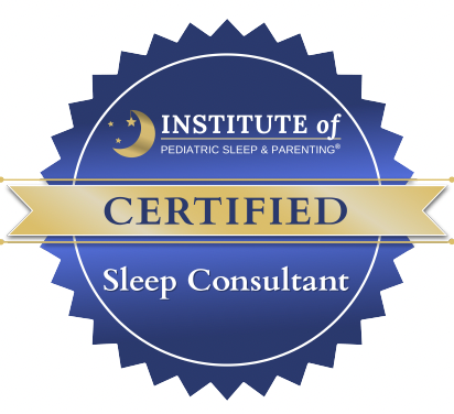 Certified Sleep Consultant badge from the Institute of Pediatric Sleep & Parenting with a blue circular seal, gold banner, and a crescent moon with stars.