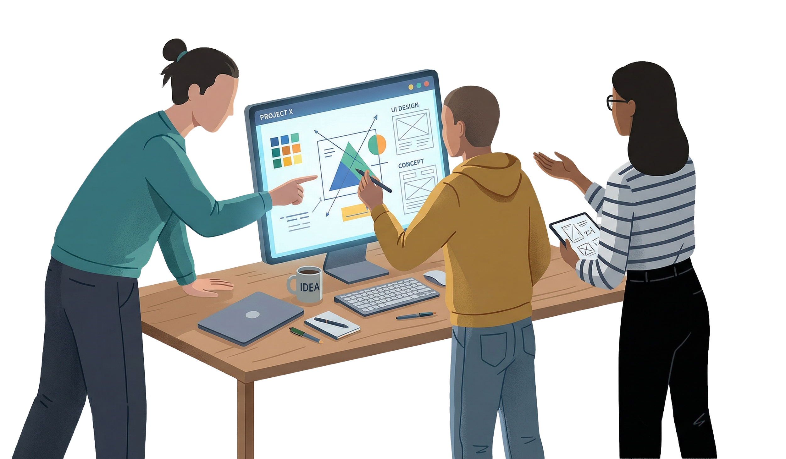 Three people collaborating on a design project at a desk, discussing visual layouts on a large monitor, with various tools and coffee mug on the table.