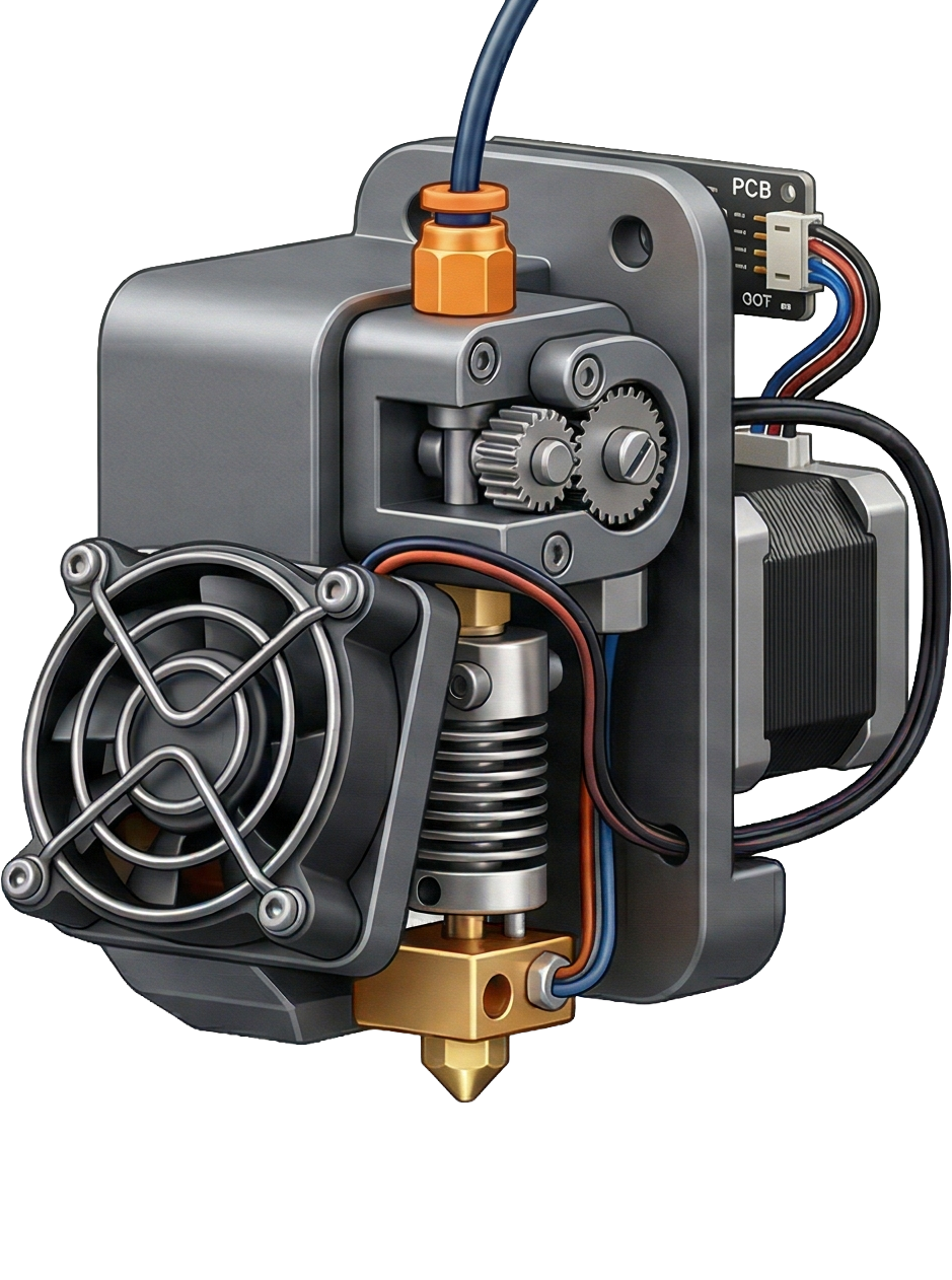 Close-up of a miniature 3D printer with mechanical parts, gears, a fan, wiring, and a nozzle for printing.