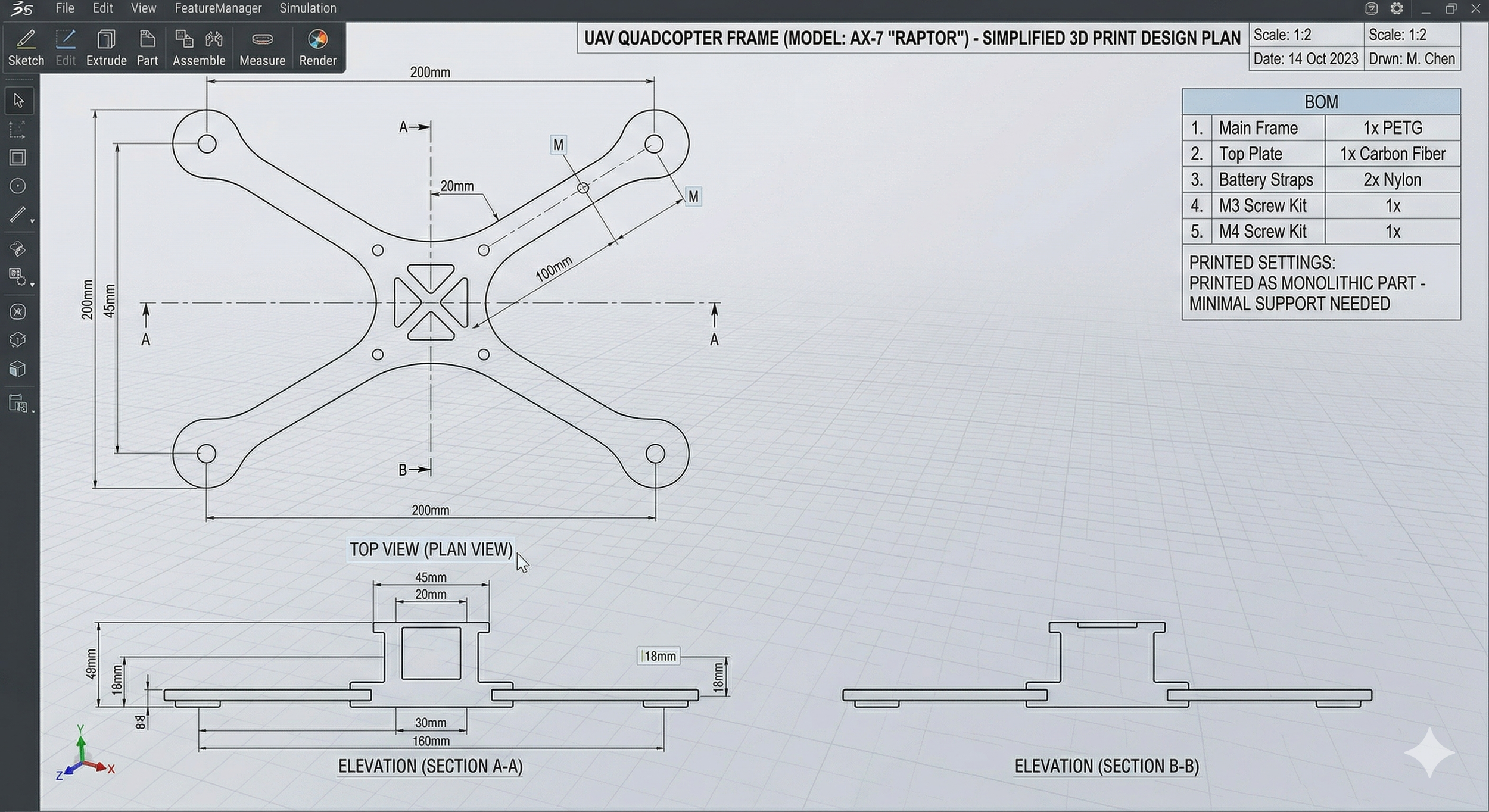 Technical drawing of a quadcopter frame with detailed measurements, top view, and side elevations, labeled with component specifications and material details.