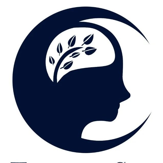 Silhouette of a person's profile in navy blue, with a branch and leaves inside the head, surrounded by a crescent shape.
