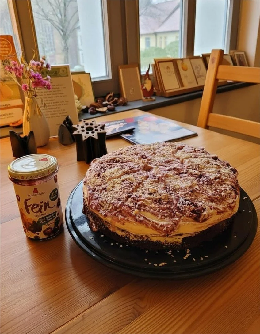 Ein Schokoladenkuchen mit Streuseln auf einem schwarzen Teller, daneben ein Becher Feino-Joghurt auf einem Holztisch, im Hintergrund Fenster mit Blick nach draußen.