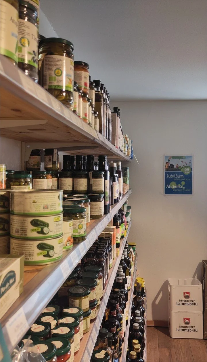 Regal mit Glas- und Plastikbehältern, die Lebensmittel und Nahrungsergänzungsmittel enthalten, in einem Laden mit Holzboden.