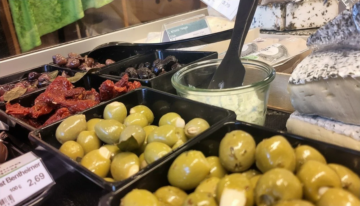 Verschiedene eingelegte Oliven, Peperoni, und getrocknete Tomaten in einem Lebensmittelgeschäft.