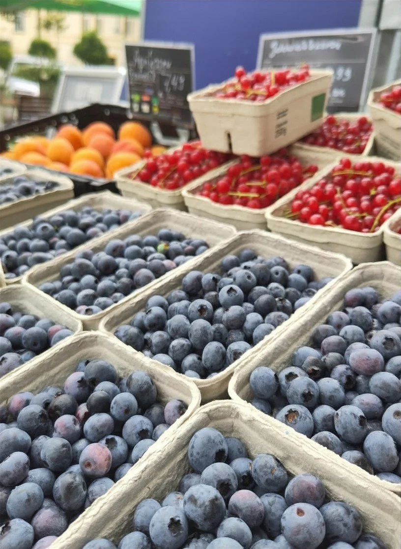 Blaubeeren, Johannisbeeren, Pfirsiche und Kirschen auf einem Marktstand.