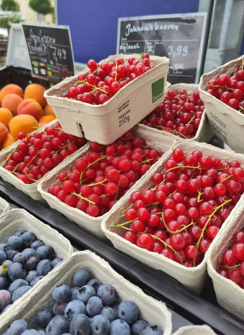 Mehrere Körbe mit roten Johannisbeeren auf einem Marktstand, im Hintergrund sind Preisschilder. Es gibt auch Körbe mit Heidelbeeren und Aprikosen.