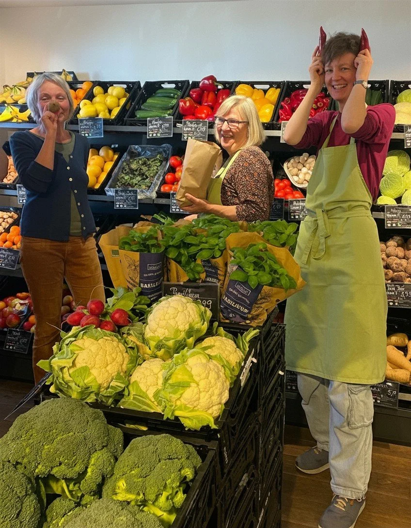 Drei Frauen in einem Supermarkt, die mit Obst und Gemüse fröhlich einkaufen.
