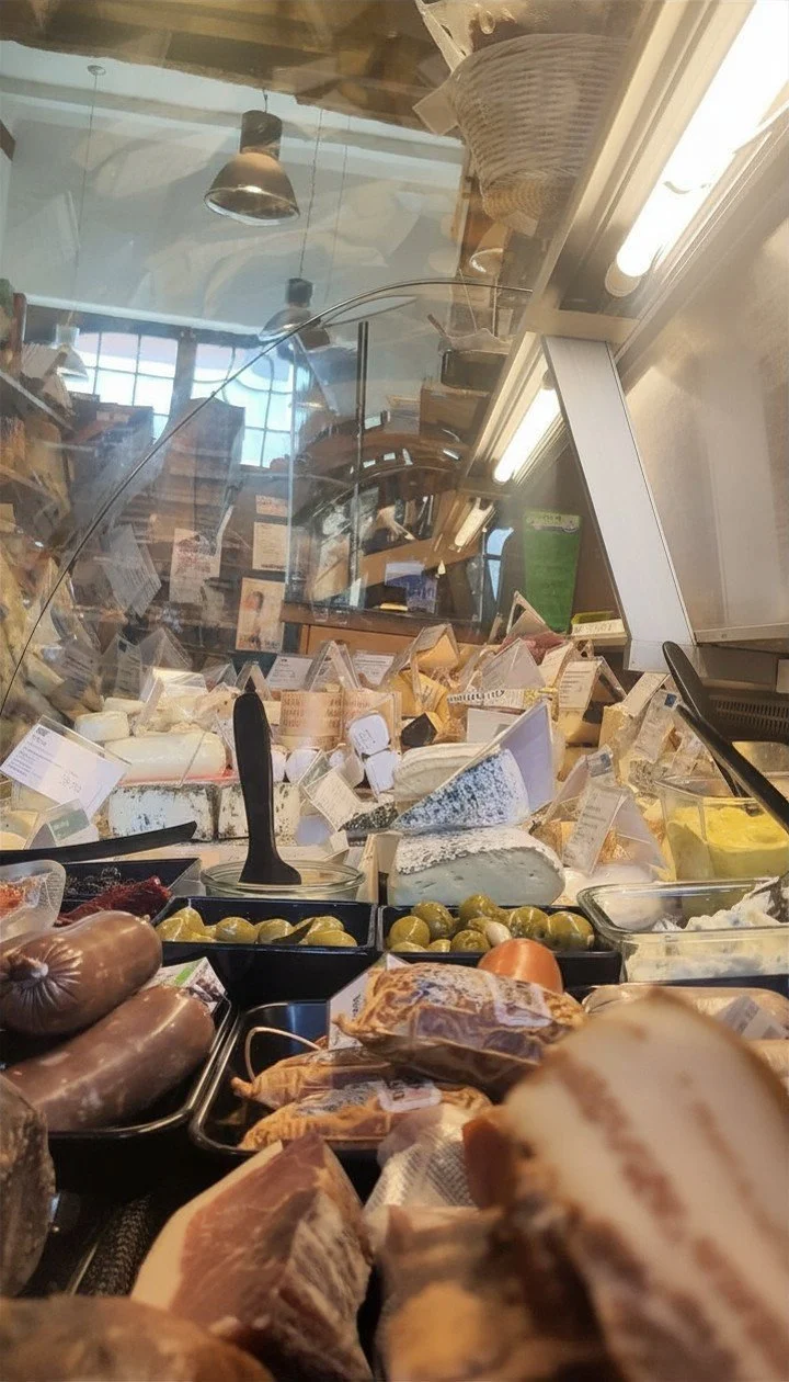 Auslage mit verschiedenen Käsesorten, Wurst, Oliven und anderen Lebensmitteln in einem Käseladen oder Supermarkt, mit einer Plexiglas-Scheibe und einladender Ladendekoration.