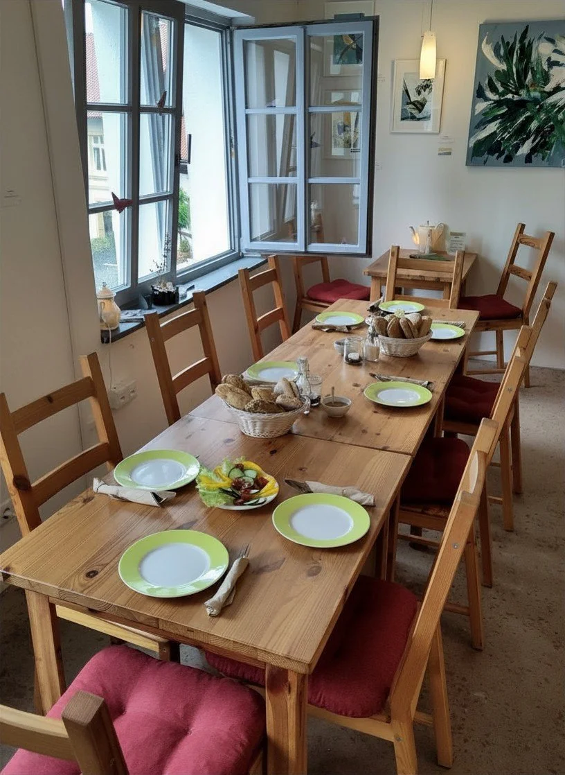 Ein Esstisch in einem hellen Raum mit sieben Stühlen, gedeckt für ein Frühstück. Es gibt Teller, Besteck, Brotkörbe, eine Schale mit Obst, und eine Kanne auf dem Tisch. Im Hintergrund sind offene Fenster, durch die man nach draußen schauen kann, und Wanddekorationen.