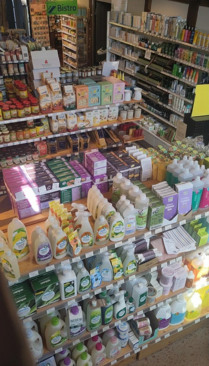 Regal in einem Naturkostladen mit Haushaltsreinigern und Arzneimitteln, im Hintergrund ein Regal mit Büchern.