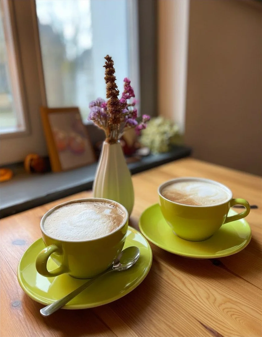 Zwei Tassen Kaffee mit Schaum auf einem Holztisch, daneben eine grüne Vase mit getrockneten Blumen neben einem Fenster.