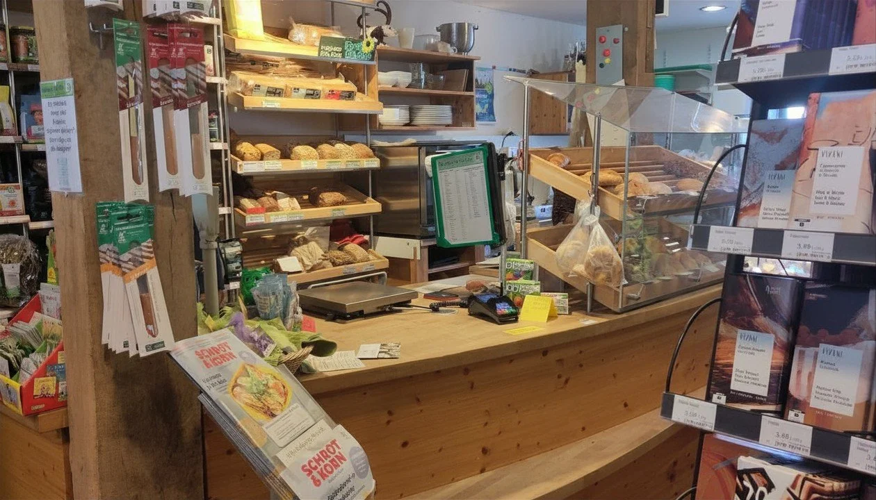 Bäckerei mit Backwaren aufregalten, Regale mit Produkten und Kasse in einem Geschäft.