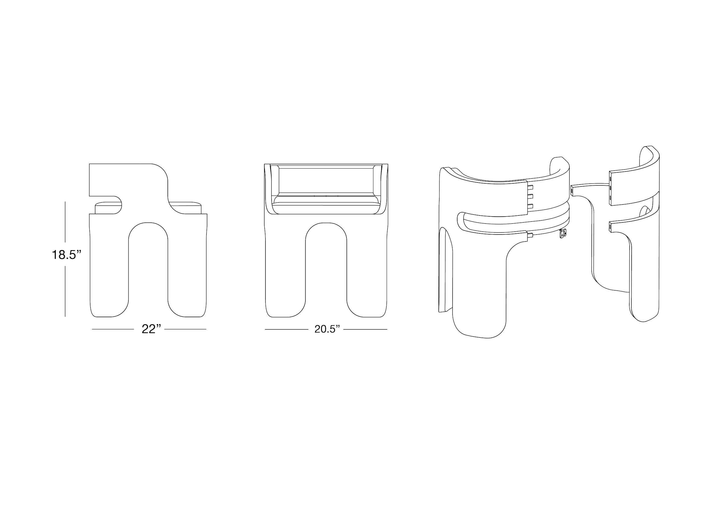 Line drawing of a modular belt with dimensions, showing three different views and an assembled view in black and white.