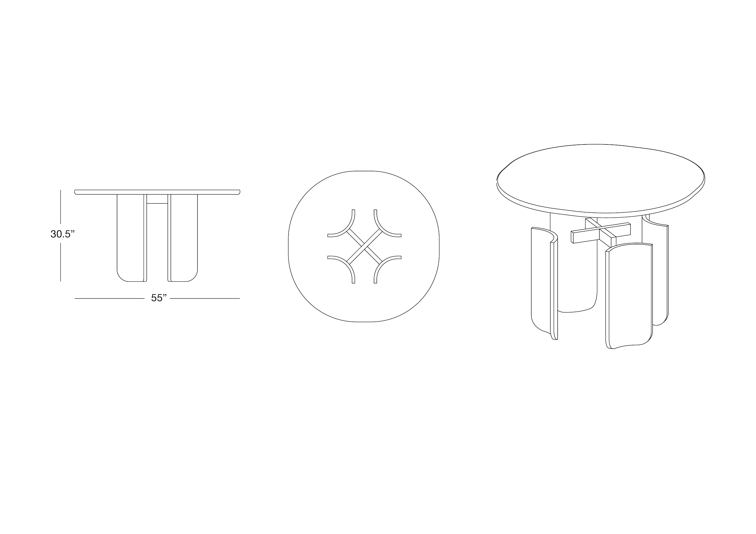 Technical drawing of a round table, showing front, top, and 3D views. The table measures 55 inches in diameter and 30.5 inches in height, with a metal frame and a round tabletop.
