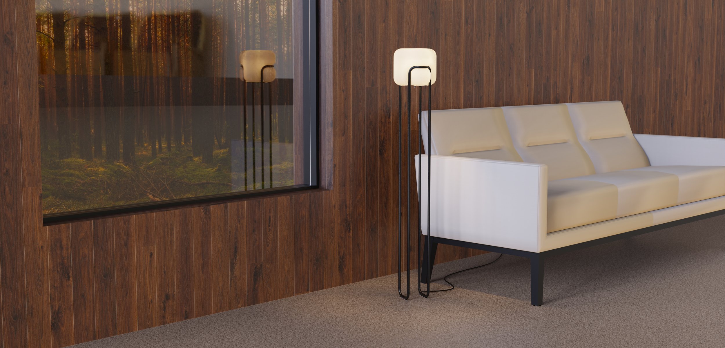 Living room with a white sofa, wooden-paneled wall, and a floor lamp beside the sofa. A window reflects a forest scene.