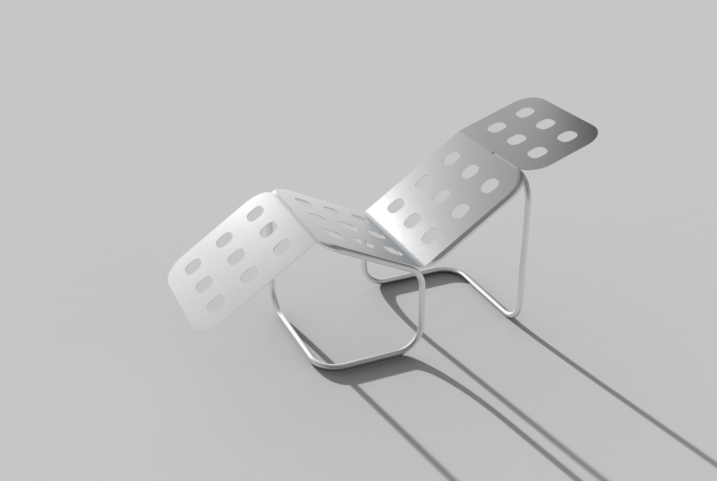 Two modern, minimalist metal lounge chairs with perforated seats and backrests, casting long shadows on a plain, light gray background.