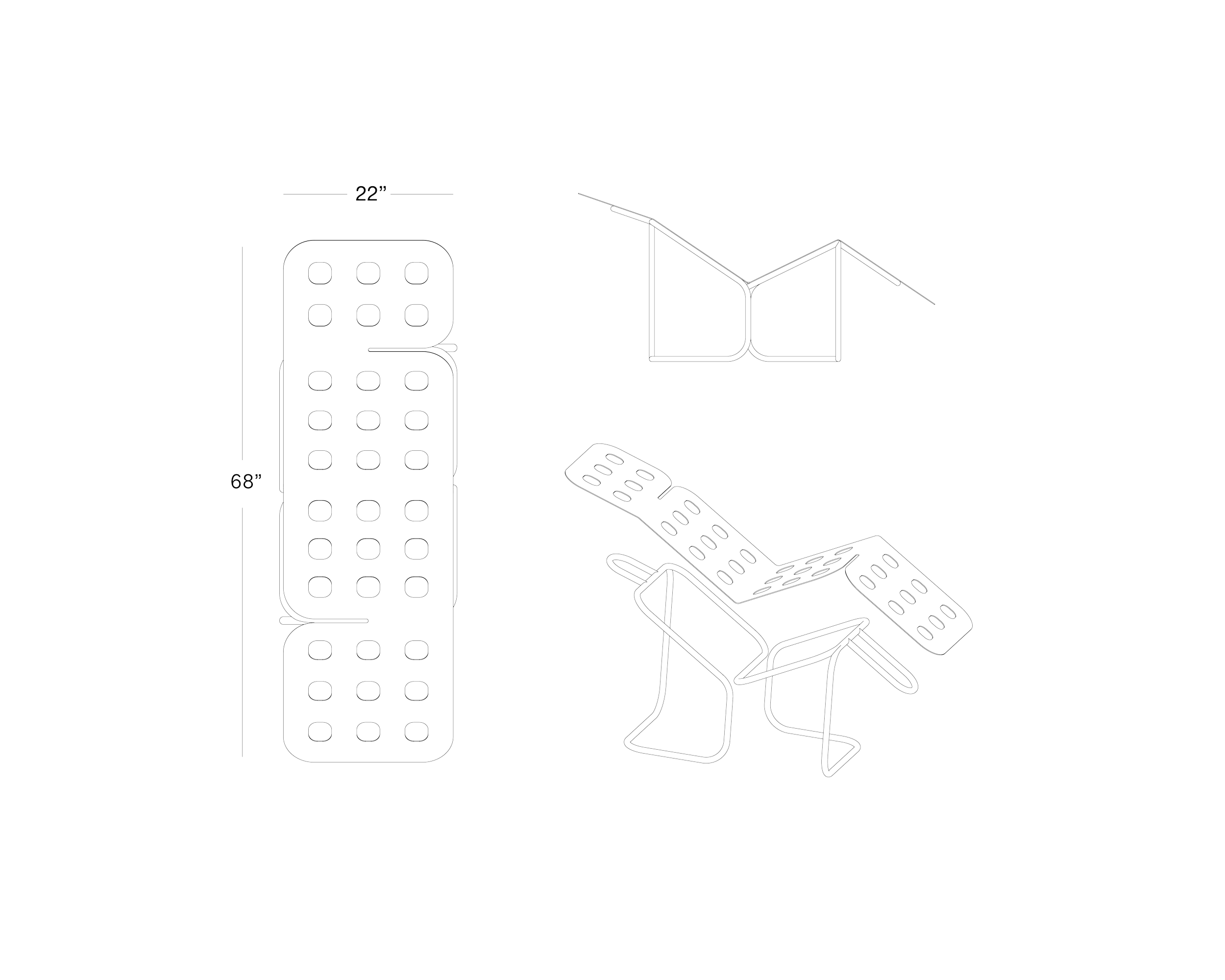 Architectural blueprint of a piece of furniture with measurements, including a chair with a perforated seat and backrest, and a rectangular table with a perforated surface.